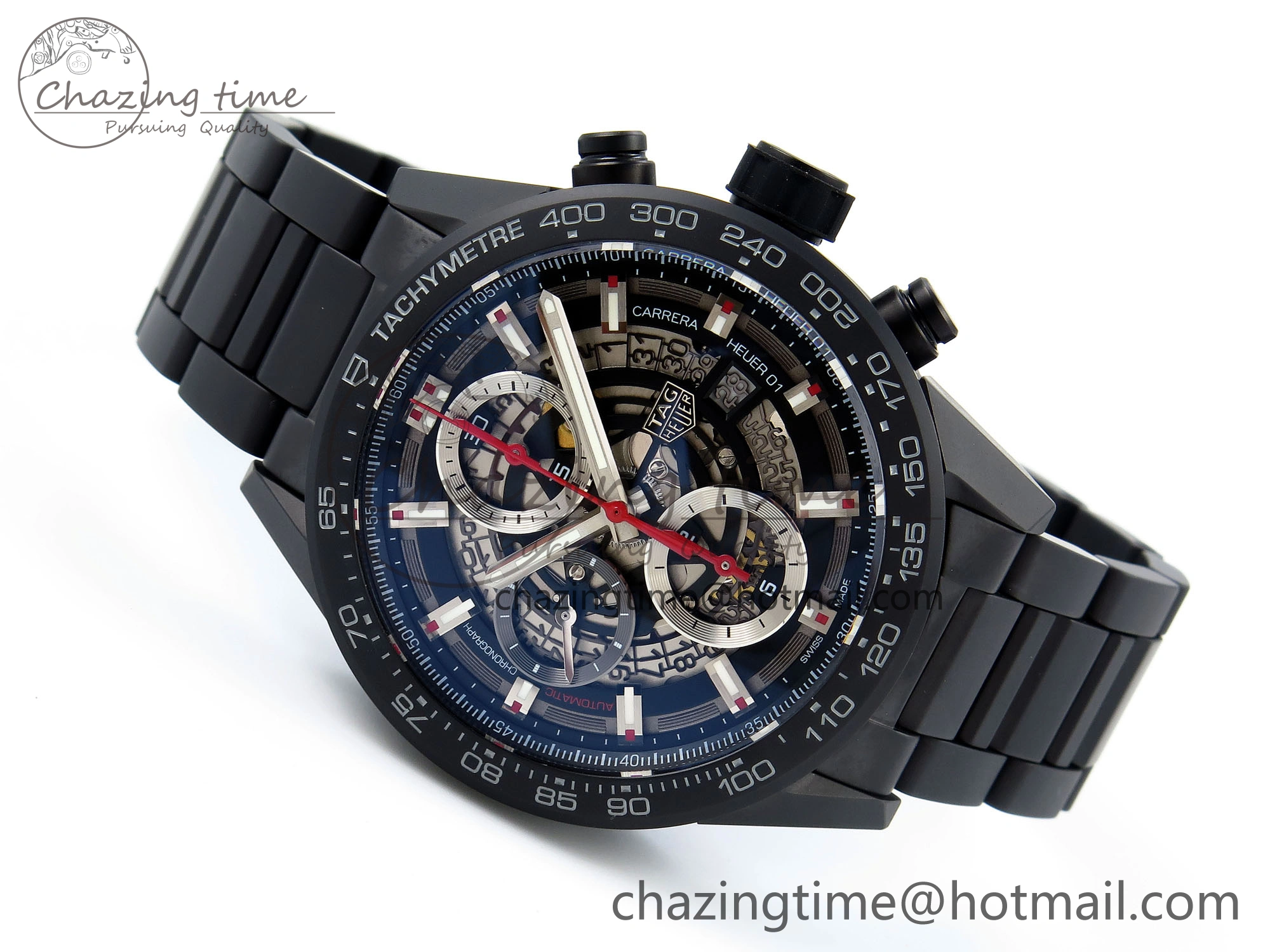 Calibre Heuer 01 Chrono 43mm Ceramic XF 1:1 Best Edition Skeleton Dial Red Hand on Ceramic Bracelet A1887