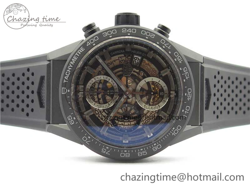 Calibre Heuer 01 Chrono 43mm Ceramic XF 1:1 Best Edition Skeleton Dial on Black Rubber Strap A1887