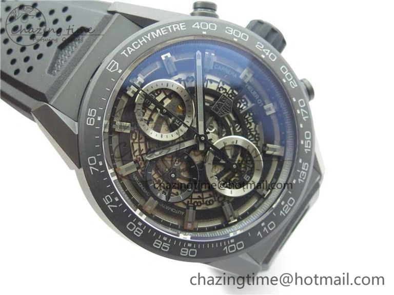 Calibre Heuer 01 Chrono 43mm Ceramic XF 1:1 Best Edition Skeleton Dial on Black Rubber Strap A1887