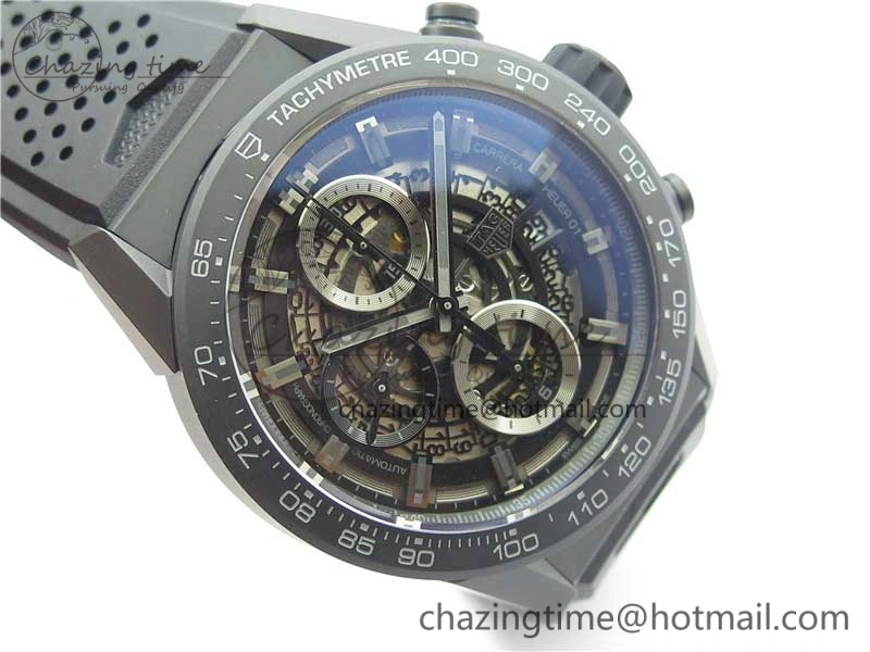 Calibre Heuer 01 Chrono 43mm Ceramic XF 1:1 Best Edition Skeleton Dial on Black Rubber Strap A1887