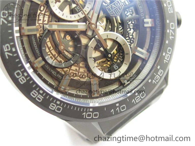 Calibre Heuer 01 Chrono 43mm Ceramic XF 1:1 Best Edition Skeleton Dial on Black Rubber Strap A1887