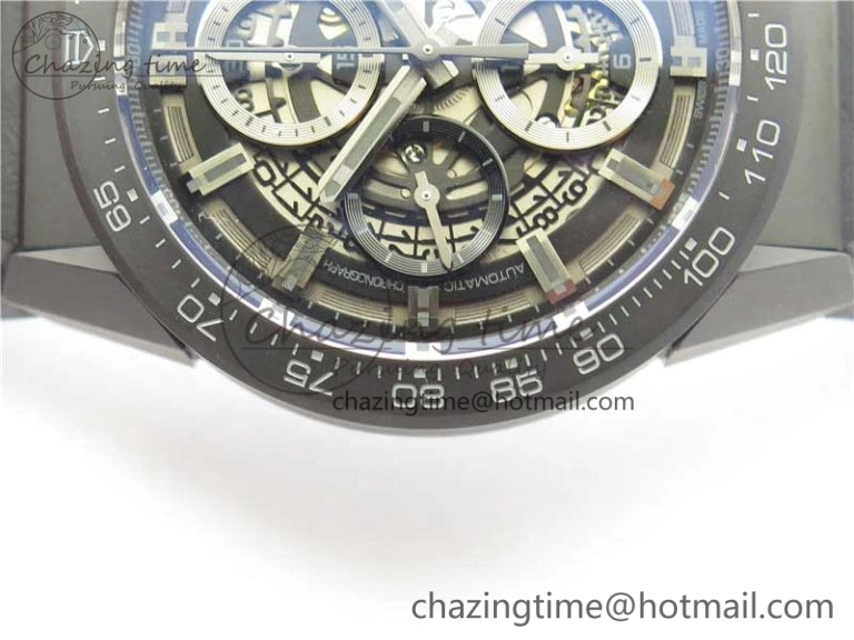Calibre Heuer 01 Chrono 43mm Ceramic XF 1:1 Best Edition Skeleton Dial on Black Rubber Strap A1887