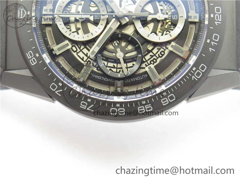 Calibre Heuer 01 Chrono 43mm Ceramic XF 1:1 Best Edition Skeleton Dial on Black Rubber Strap A1887
