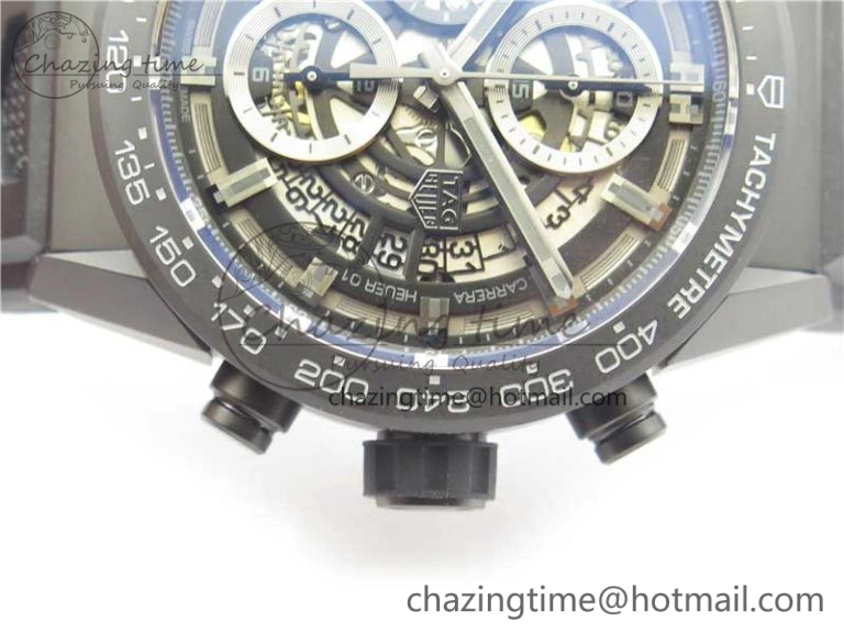 Calibre Heuer 01 Chrono 43mm Ceramic XF 1:1 Best Edition Skeleton Dial on Black Rubber Strap A1887