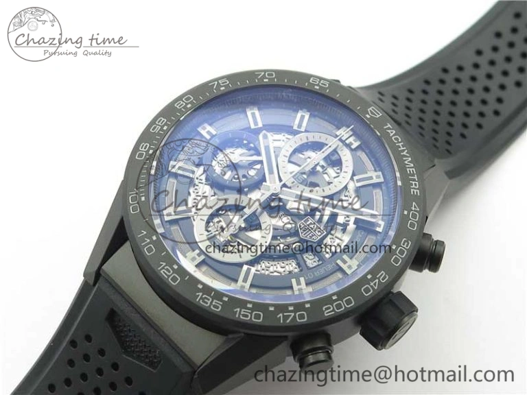 Calibre Heuer 01 Chrono 43mm Ceramic XF 1:1 Best Edition Skeleton Dial on Black Rubber Strap A1887