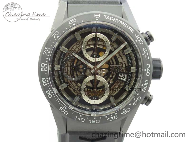 Calibre Heuer 01 Chrono 43mm Ceramic XF 1:1 Best Edition Skeleton Dial on Black Rubber Strap A1887