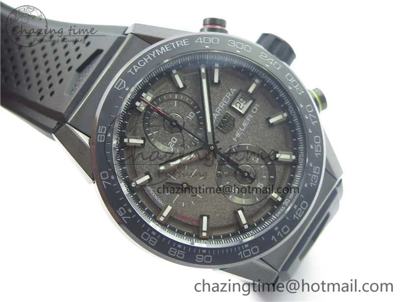 Calibre Heuer 01 Chrono 43mm PVD XF 1:1 Best Edition Gray Dial on Black Rubber Strap A1887