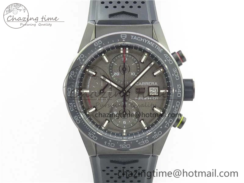 Calibre Heuer 01 Chrono 43mm PVD XF 1:1 Best Edition Gray Dial on Black Rubber Strap A1887