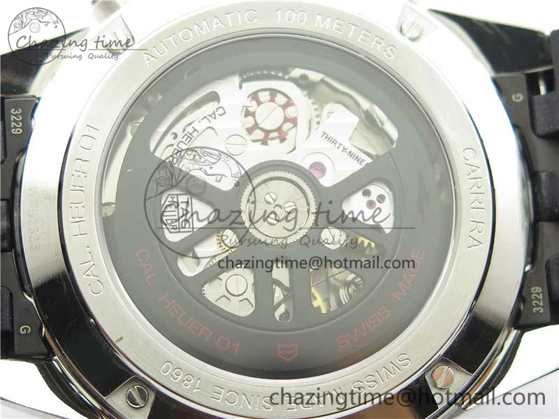 Calibre Heuer 01 Chrono 43mm SS XF 1:1 Best Edition Skeleton Dial Red Hand on Black Rubber Strap A1887