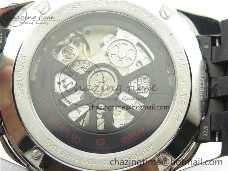 Calibre Heuer 01 Chrono 43mm SS XF 1:1 Best Edition Skeleton Dial Red Hand on Black Rubber Strap A1887