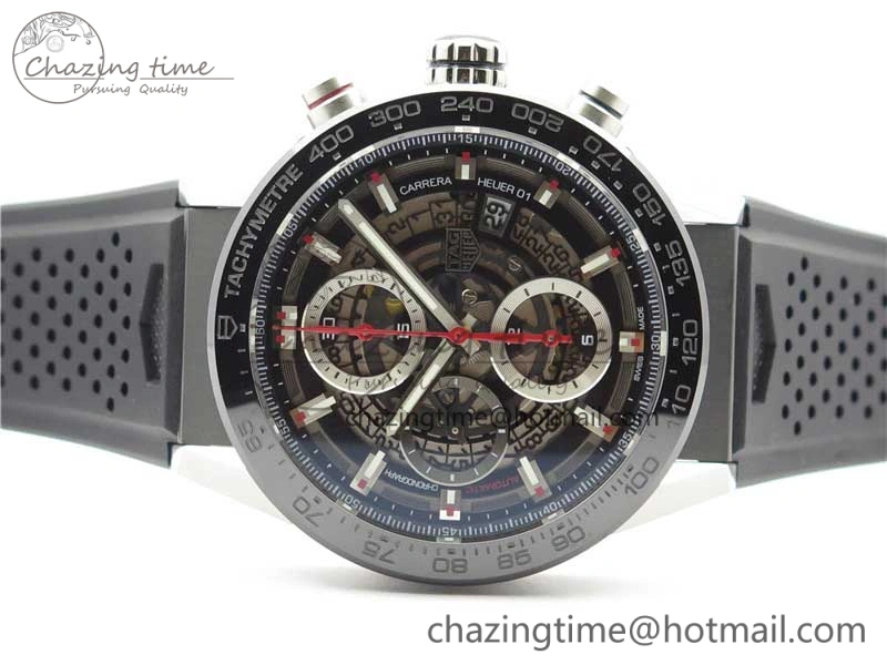 Calibre Heuer 01 Chrono 43mm SS XF 1:1 Best Edition Skeleton Dial Red Hand on Black Rubber Strap A1887