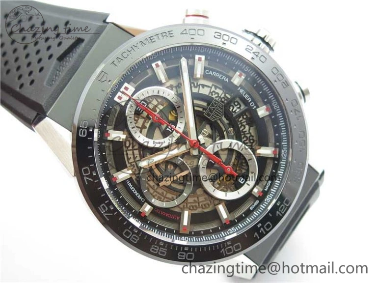 Calibre Heuer 01 Chrono 43mm SS XF 1:1 Best Edition Skeleton Dial Red Hand on Black Rubber Strap A1887
