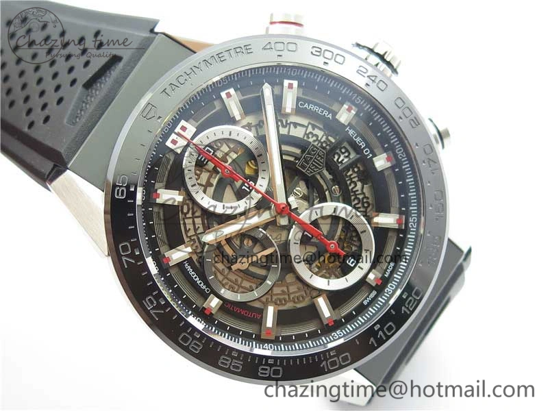 Calibre Heuer 01 Chrono 43mm SS XF 1:1 Best Edition Skeleton Dial Red Hand on Black Rubber Strap A1887