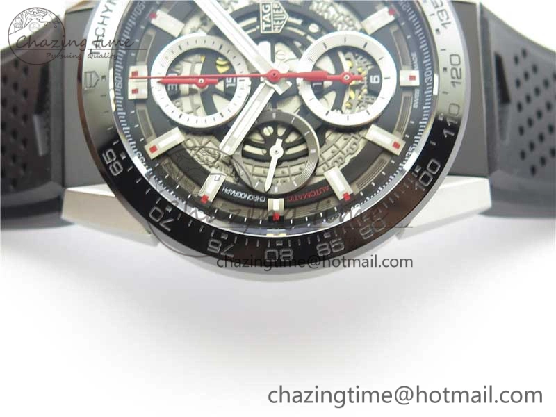 Calibre Heuer 01 Chrono 43mm SS XF 1:1 Best Edition Skeleton Dial Red Hand on Black Rubber Strap A1887