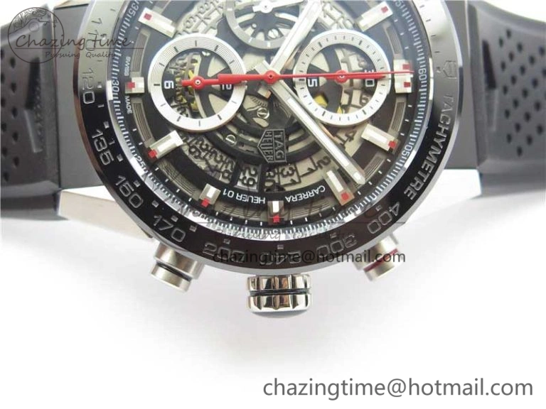 Calibre Heuer 01 Chrono 43mm SS XF 1:1 Best Edition Skeleton Dial Red Hand on Black Rubber Strap A1887