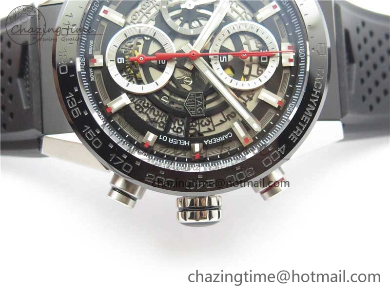 Calibre Heuer 01 Chrono 43mm SS XF 1:1 Best Edition Skeleton Dial Red Hand on Black Rubber Strap A1887