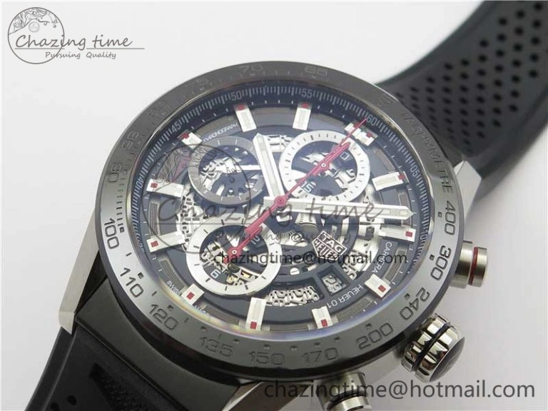 Calibre Heuer 01 Chrono 43mm SS XF 1:1 Best Edition Skeleton Dial Red Hand on Black Rubber Strap A1887