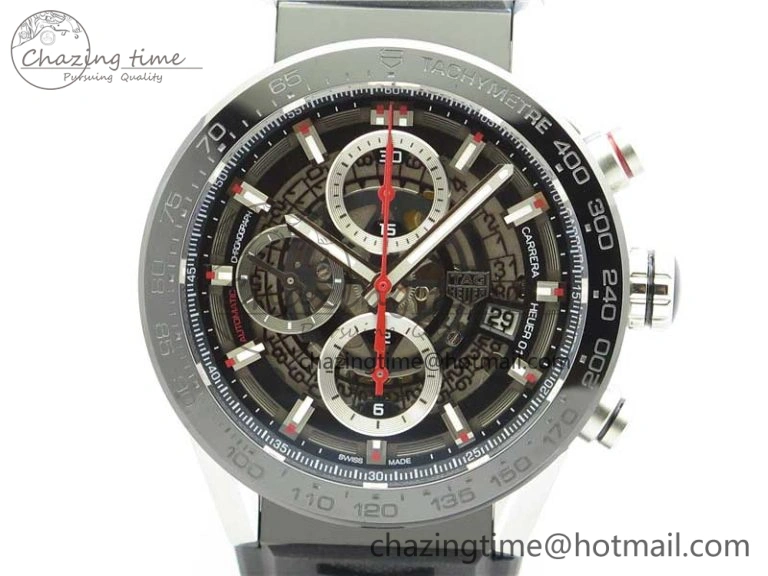 Calibre Heuer 01 Chrono 43mm SS XF 1:1 Best Edition Skeleton Dial Red Hand on Black Rubber Strap A1887