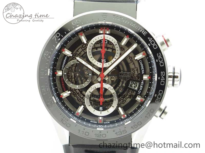 Calibre Heuer 01 Chrono 43mm SS XF 1:1 Best Edition Skeleton Dial Red Hand on Black Rubber Strap A1887