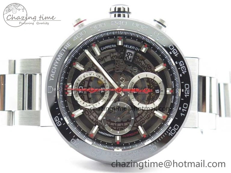 Calibre Heuer 01 Chrono 43mm SS XF 1:1 Best Edition Skeleton Dial Red Hand on SS Bracelet A1887