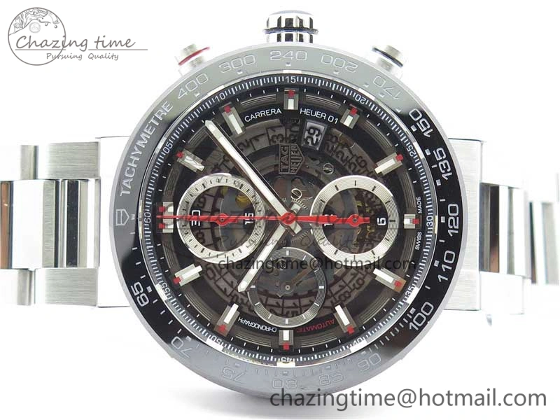 Calibre Heuer 01 Chrono 43mm SS XF 1:1 Best Edition Skeleton Dial Red Hand on SS Bracelet A1887