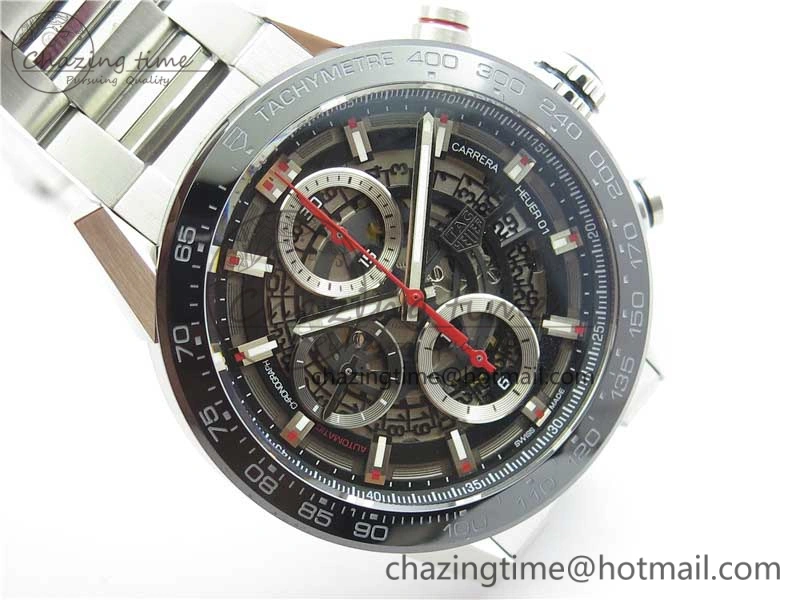 Calibre Heuer 01 Chrono 43mm SS XF 1:1 Best Edition Skeleton Dial Red Hand on SS Bracelet A1887