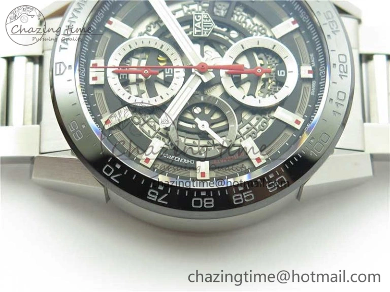 Calibre Heuer 01 Chrono 43mm SS XF 1:1 Best Edition Skeleton Dial Red Hand on SS Bracelet A1887