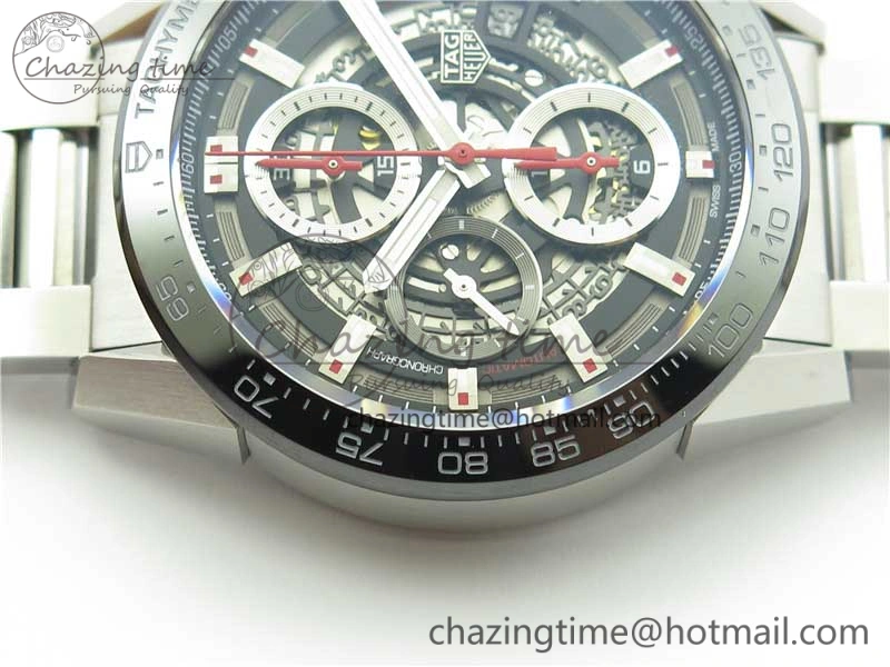 Calibre Heuer 01 Chrono 43mm SS XF 1:1 Best Edition Skeleton Dial Red Hand on SS Bracelet A1887
