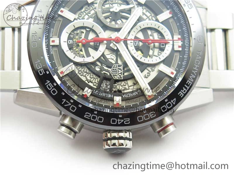 Calibre Heuer 01 Chrono 43mm SS XF 1:1 Best Edition Skeleton Dial Red Hand on SS Bracelet A1887