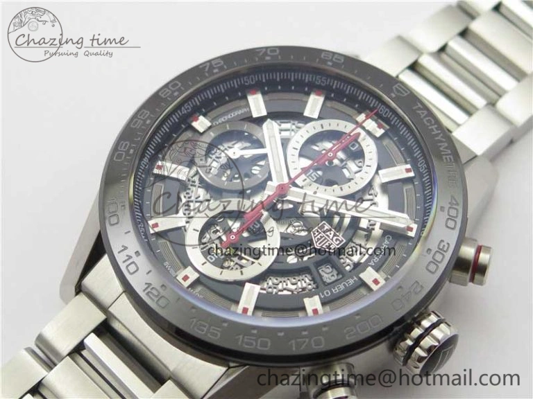 Calibre Heuer 01 Chrono 43mm SS XF 1:1 Best Edition Skeleton Dial Red Hand on SS Bracelet A1887