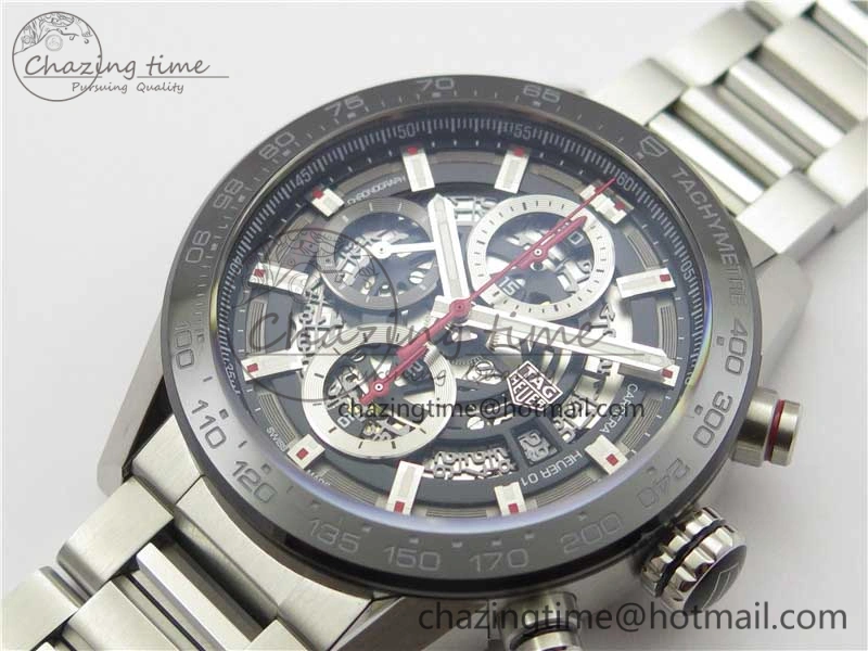 Calibre Heuer 01 Chrono 43mm SS XF 1:1 Best Edition Skeleton Dial Red Hand on SS Bracelet A1887