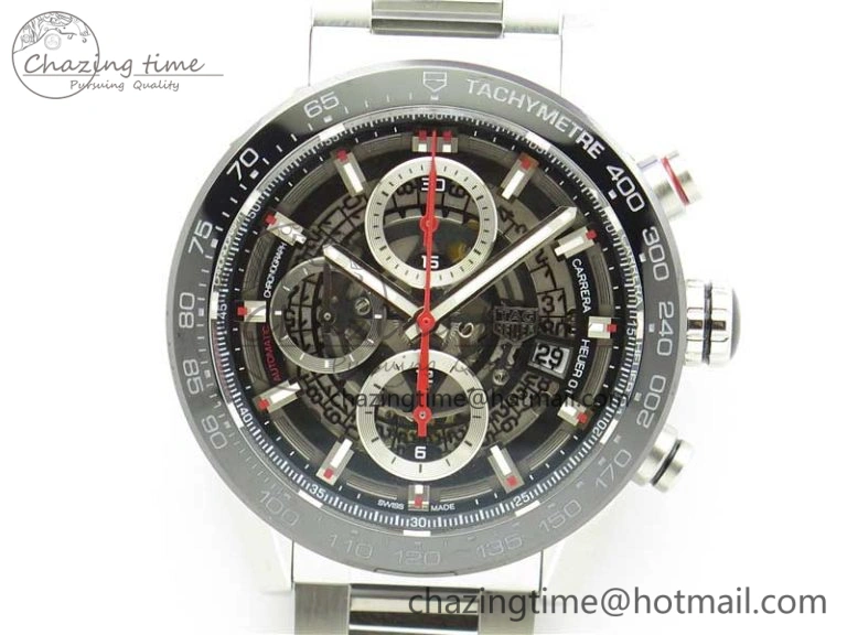 Calibre Heuer 01 Chrono 43mm SS XF 1:1 Best Edition Skeleton Dial Red Hand on SS Bracelet A1887