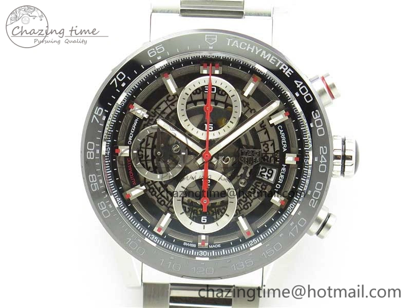 Calibre Heuer 01 Chrono 43mm SS XF 1:1 Best Edition Skeleton Dial Red Hand on SS Bracelet A1887