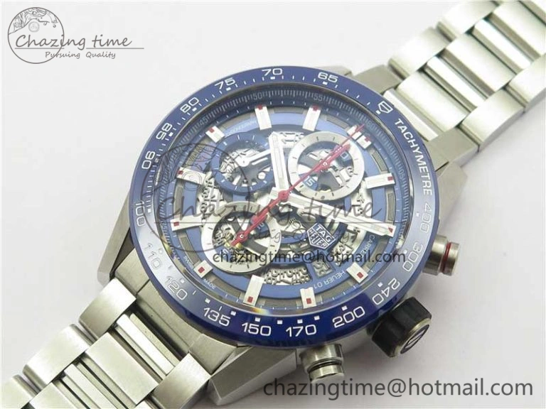 Calibre Heuer 01 Chrono 43mm SS Blue XF 1:1 Best Edition Skeleton Dial Red Hand on SS Bracelet A1887