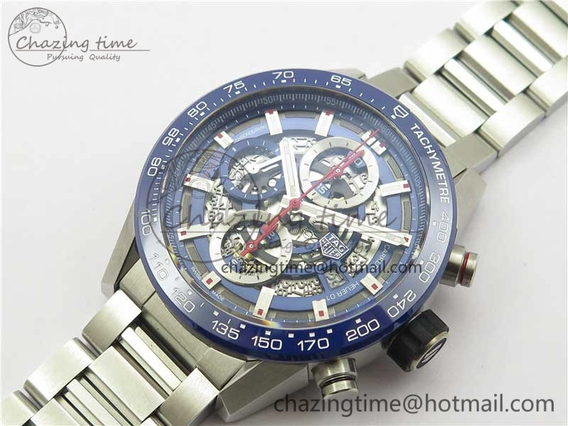 Calibre Heuer 01 Chrono 43mm SS Blue XF 1:1 Best Edition Skeleton Dial Red Hand on SS Bracelet A1887