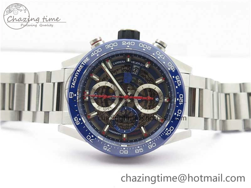 Calibre Heuer 01 Chrono 43mm SS Blue XF 1:1 Best Edition Skeleton Dial Red Hand on SS Bracelet A1887