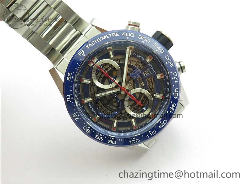 Calibre Heuer 01 Chrono 43mm SS Blue XF 1:1 Best Edition Skeleton Dial Red Hand on SS Bracelet A1887