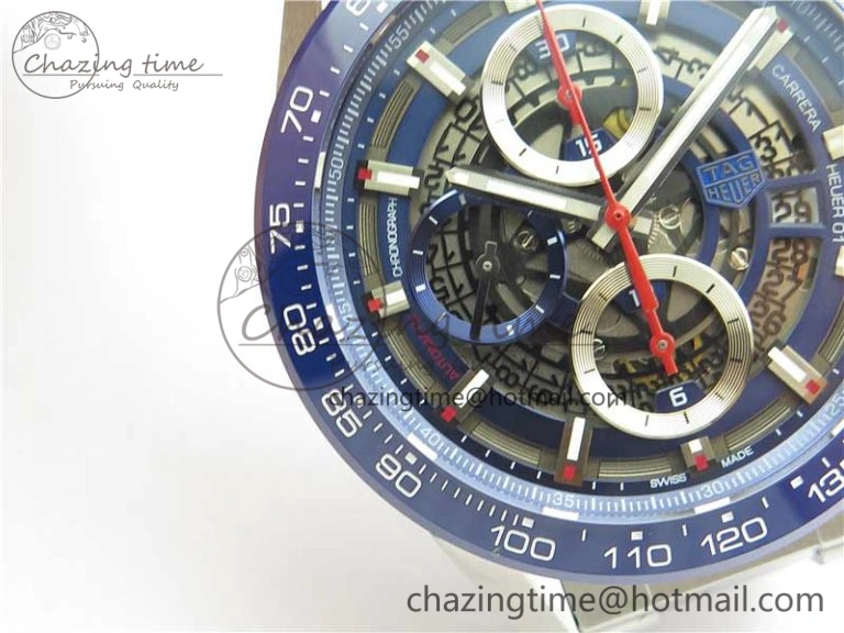 Calibre Heuer 01 Chrono 43mm SS Blue XF 1:1 Best Edition Skeleton Dial Red Hand on SS Bracelet A1887