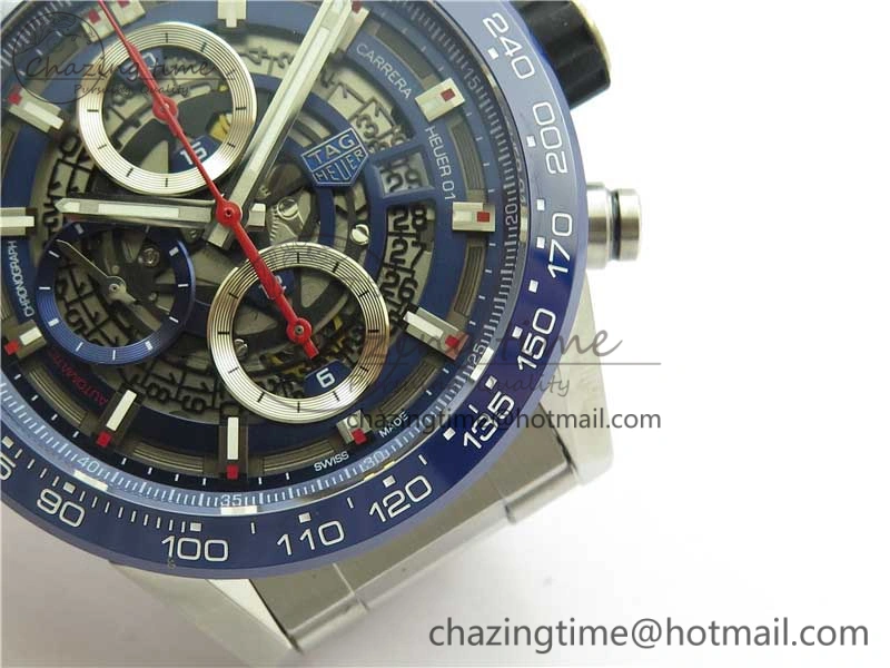 Calibre Heuer 01 Chrono 43mm SS Blue XF 1:1 Best Edition Skeleton Dial Red Hand on SS Bracelet A1887