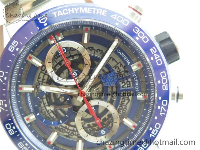Calibre Heuer 01 Chrono 43mm SS Blue XF 1:1 Best Edition Skeleton Dial Red Hand on SS Bracelet A1887
