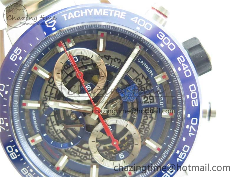 Calibre Heuer 01 Chrono 43mm SS Blue XF 1:1 Best Edition Skeleton Dial Red Hand on SS Bracelet A1887