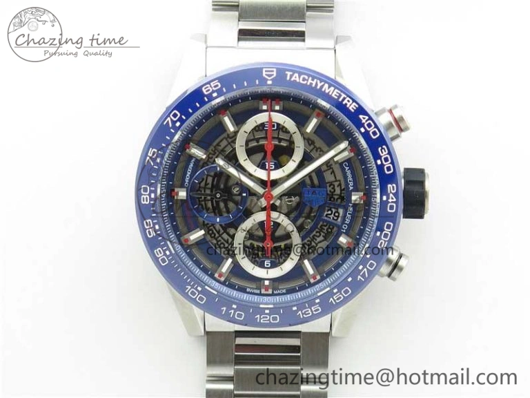Calibre Heuer 01 Chrono 43mm SS Blue XF 1:1 Best Edition Skeleton Dial Red Hand on SS Bracelet A1887