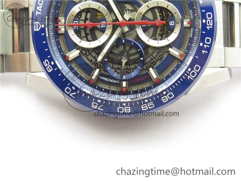 Calibre Heuer 01 Chrono 43mm SS Blue XF 1:1 Best Edition Skeleton Dial Red Hand on SS Bracelet A1887
