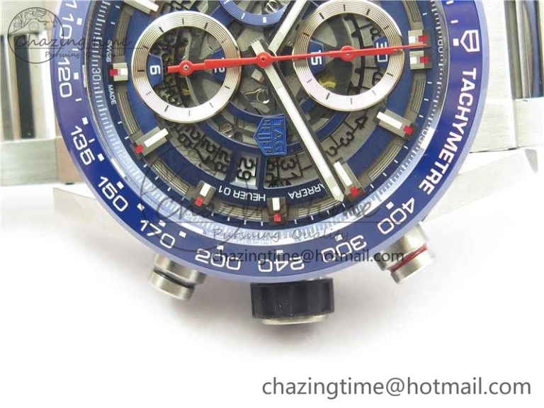 Calibre Heuer 01 Chrono 43mm SS Blue XF 1:1 Best Edition Skeleton Dial Red Hand on SS Bracelet A1887