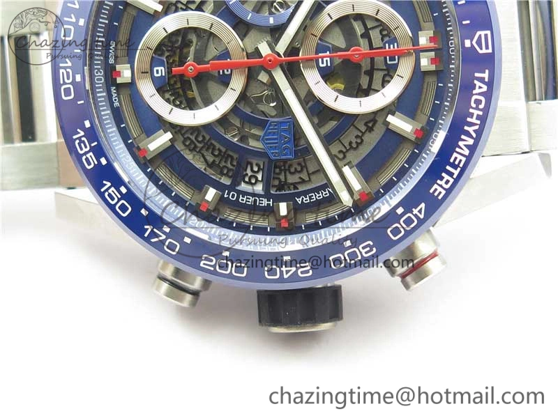 Calibre Heuer 01 Chrono 43mm SS Blue XF 1:1 Best Edition Skeleton Dial Red Hand on SS Bracelet A1887