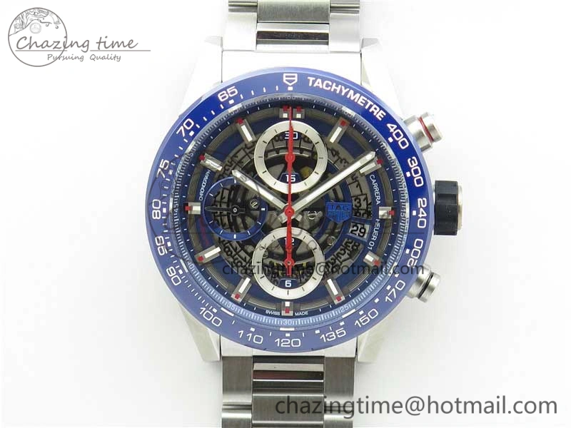 Calibre Heuer 01 Chrono 43mm SS Blue XF 1:1 Best Edition Skeleton Dial Red Hand on SS Bracelet A1887