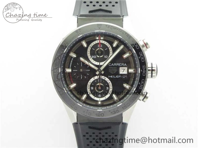 Calibre Heuer 01 Chrono SS XF 1:1 Best Edition Black Dial on Black Rubber Strap A1887