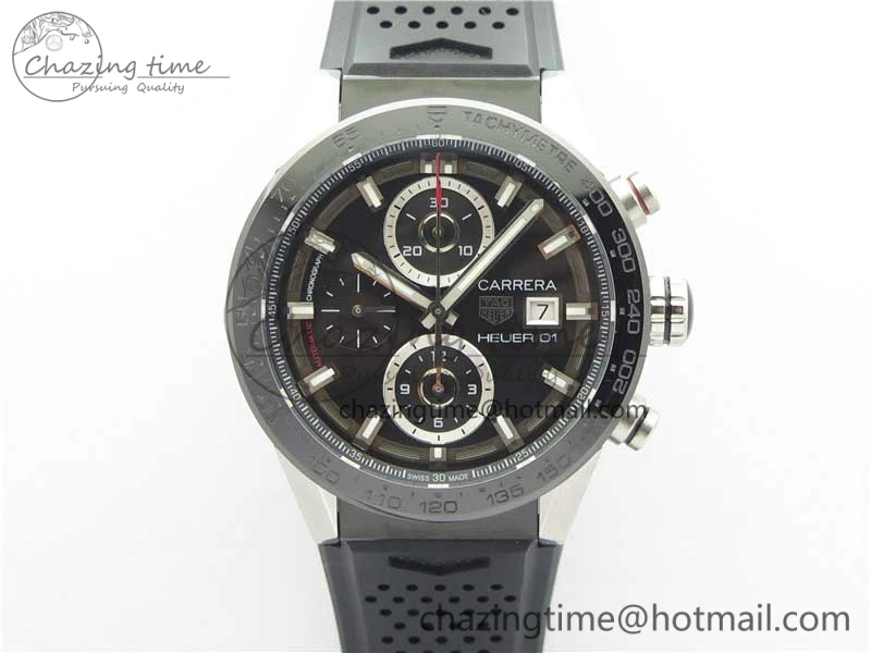 Calibre Heuer 01 Chrono SS XF 1:1 Best Edition Black Dial on Black Rubber Strap A1887