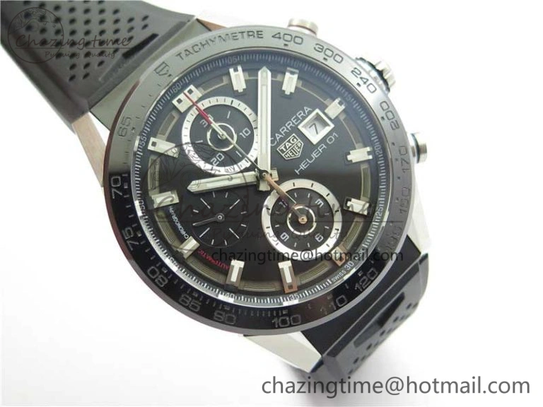 Calibre Heuer 01 Chrono SS XF 1:1 Best Edition Black Dial on Black Rubber Strap A1887