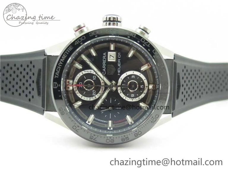 Calibre Heuer 01 Chrono SS XF 1:1 Best Edition Black Dial on Black Rubber Strap A1887